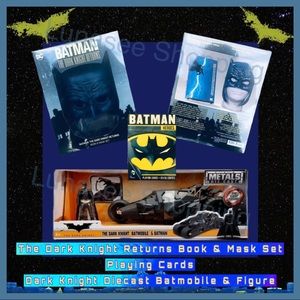 Batman figure, batmobile, mask, book, card set bundle